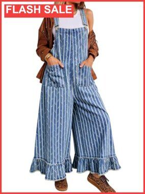 Distressed Striped Denim Overalls Boyfriend Wide Leg Ruffled Jumpsuit